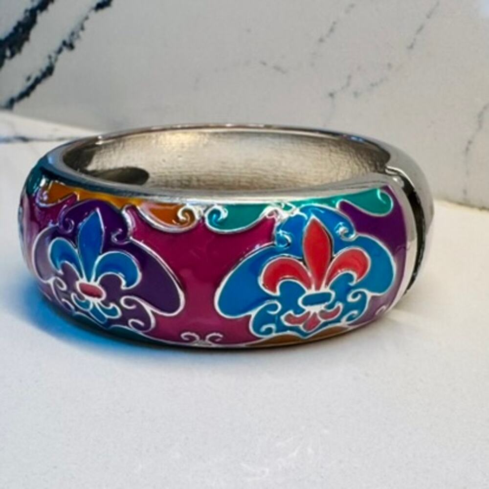 Colorful Fleur De Lis Hinged Bangle Bracelet Enamel Silver Tone Wide Cuff Boho